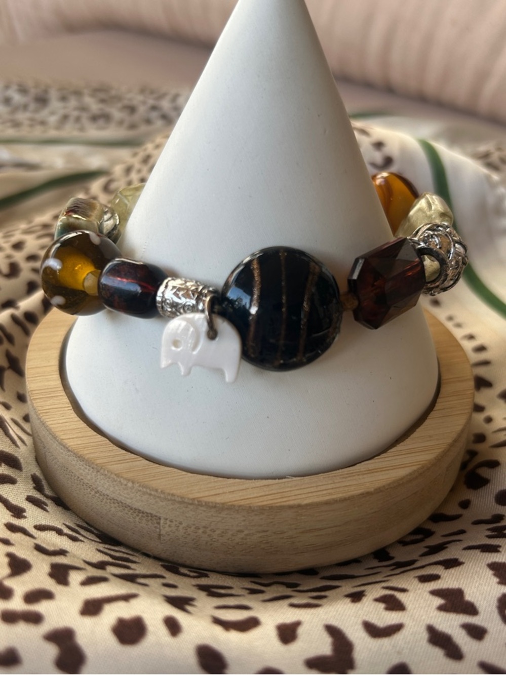 Avon Brown, Amber & White Beaded Elephant Charm Bracelet